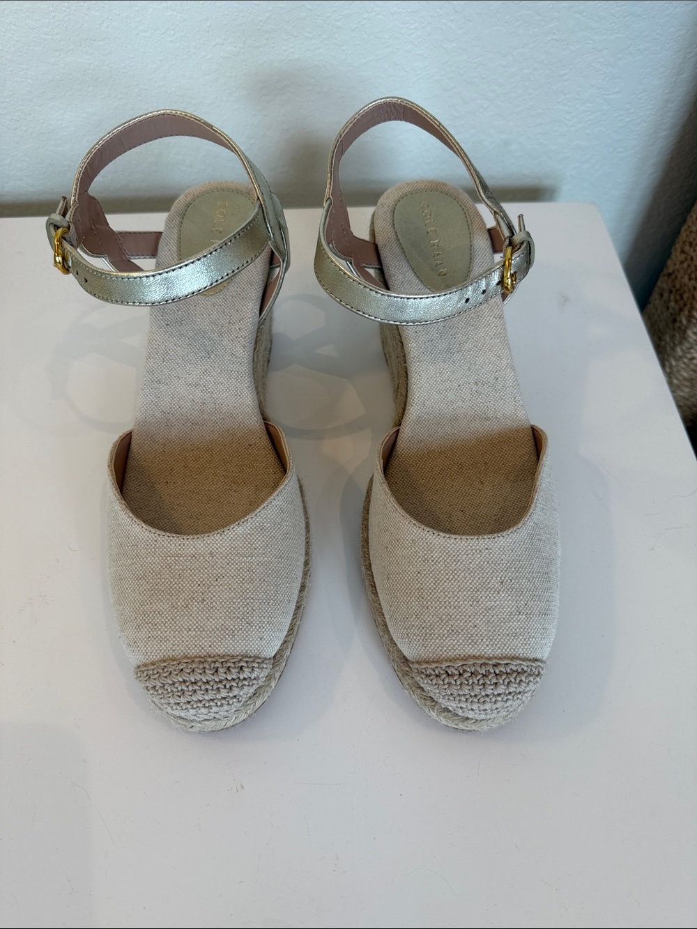 Cole Haan Beige Canvas Espadrille Wedges with Gold Ankle Strap - NWT Size 9.5